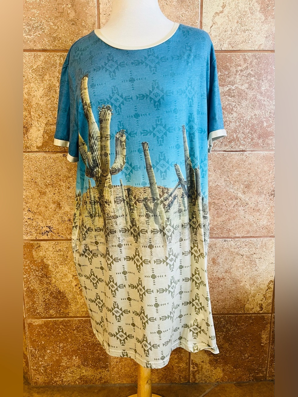 Crazy Train Blue Desert Saguaro Cactus Print Women’s T-Shirt Dress Size XXL 2X
